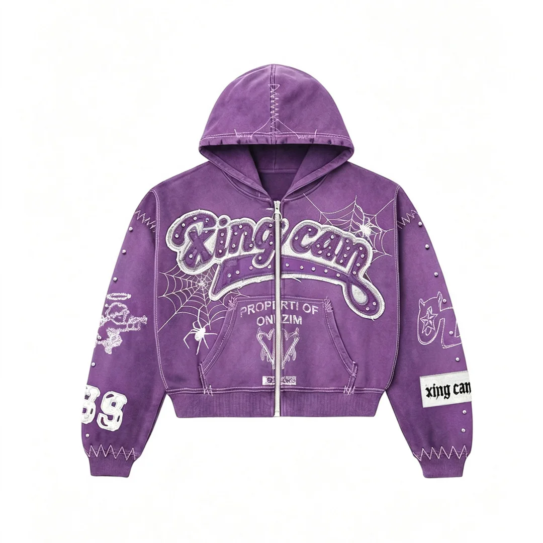Persgroen Vintage Gewasde Ritssluiter Hoodie, Aangepaste Applikasie Skerm Druk Strass Straatdrae Hoodie, OEM Kledingvervaardiger