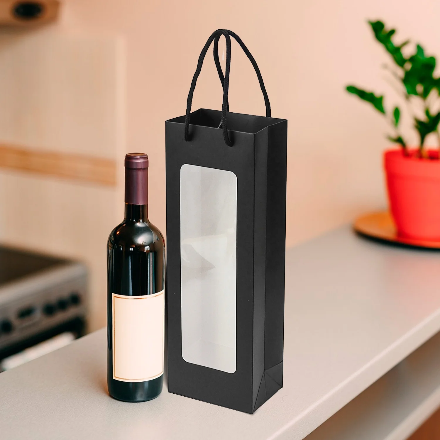 Wholesale Custom logo Gift Single Wine Bottle Gift Bag Custom Cheap Wine  Gift Bags Black Handle Wine Bags - Main Image