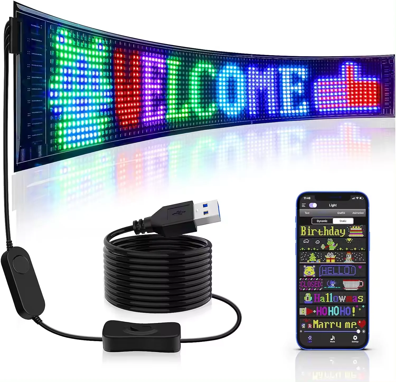 USB Programmable LED Pixel Matrix Soft  Advertising Screen 5V  APP Control Rolling Advertising LED for Car Bar Hotel
