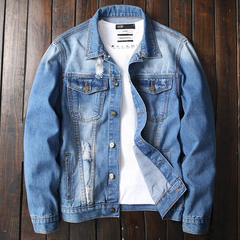 Factory Direct Sales Wholesale Europe And America Hole Men's Blue Jeans  Jacket - Buy Men's Blue Denim Jacket With Holes,Wholesale Men's Denim