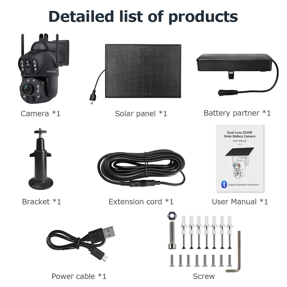 SECTEC 3K 36X Zoom 4G Camera IP66 Metal 10W Solar Panel 20000mAh Battery Dual Lens Laser Infrared Lamp 4G Solar Outdoor Camera