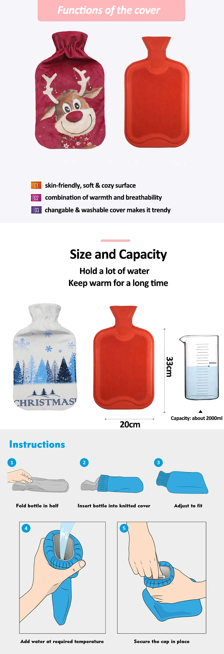 made in china customized christmas fleece covers for hand warmer medical hot water bag bs rubber hot water bottle