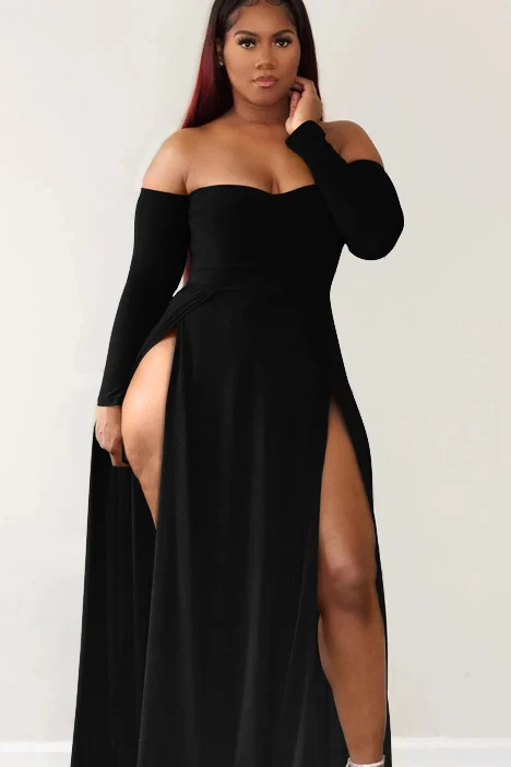 Cheap Plus Size Double Slit Maxi Dress Strapless Half Shoulder Elegant Long Party Dresses and Night Dress
