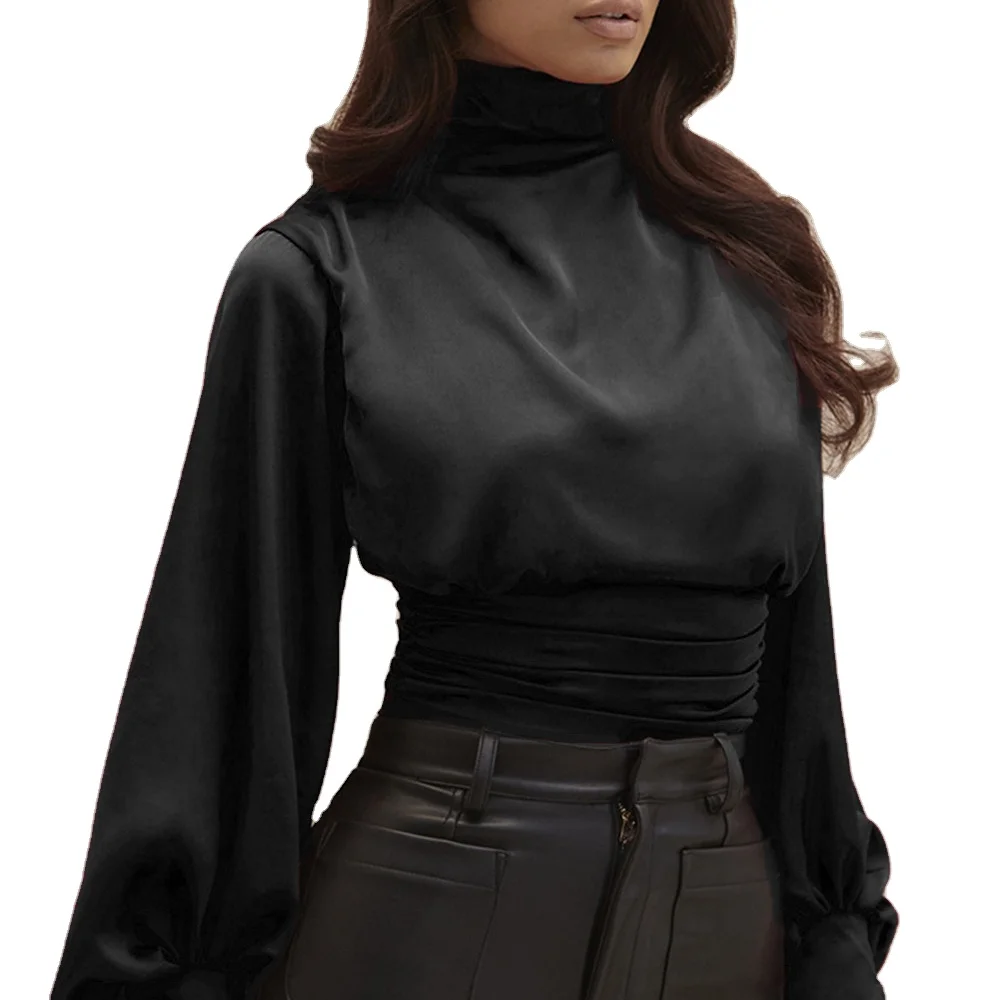 新款女装时尚性感高领缎面灯笼袖性感露背紧身连衣裤女 - buy women