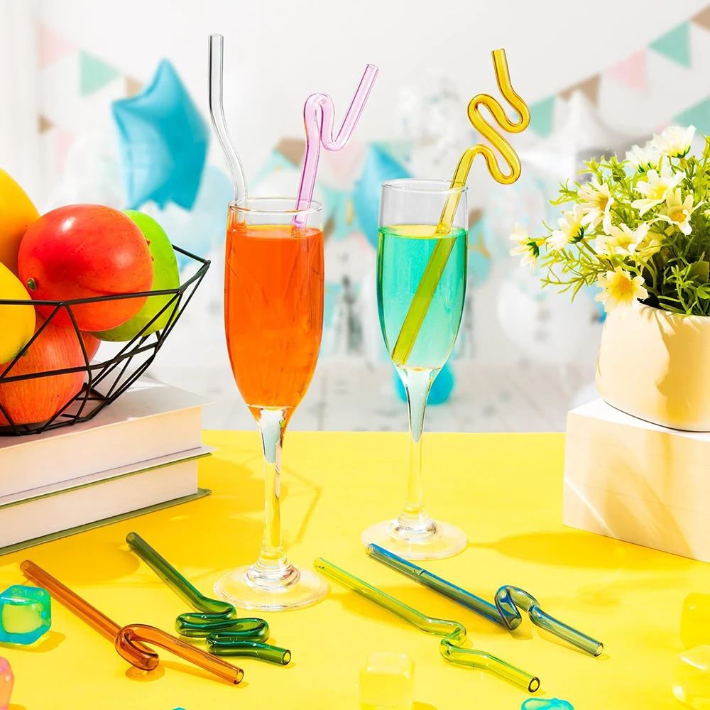 TIANYI-HALM Verres à Boire NEON Jaunes 6 Pièces 20 Cm 6 Pailles Brosse De Nettoyage Sans Plastique Lavables Au Lave Vaisselle Ecologiques Pailles En Verre Fete Lumiere Noire