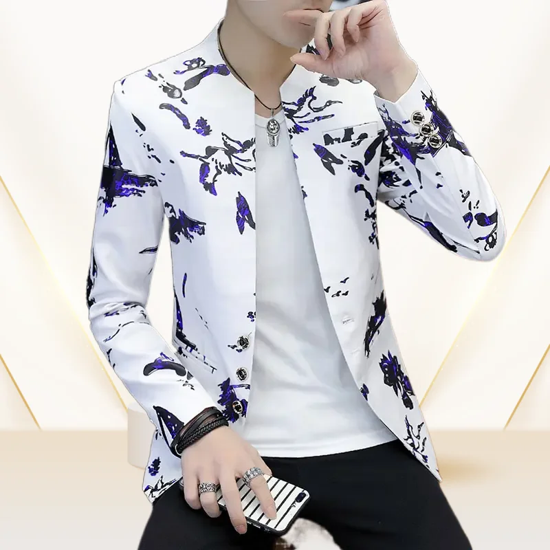 Men Printed Three Button Round Neck Small Suit High Quality Dress