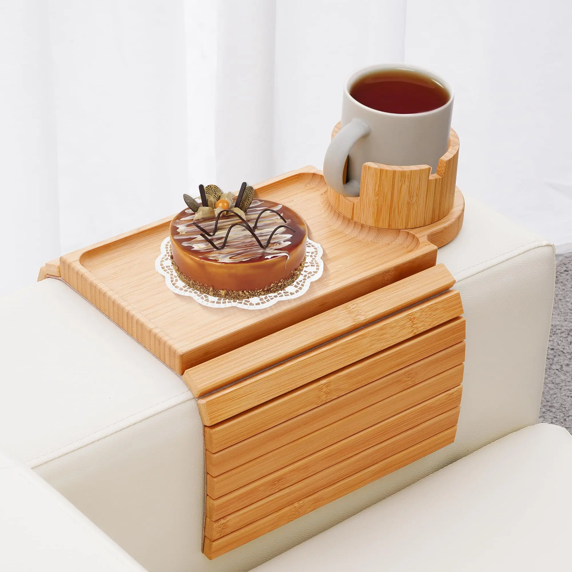Customized Couch Arm Tray with Detachable Couch Cup Holder Tray Bamboo Sofa Armrest Tray