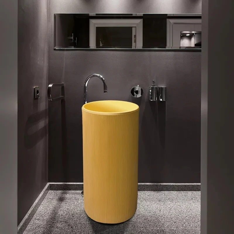 Modern bathroom washroom artificial stone cylindrical freestanding floor pedestal hand wash basin sink for hotel manufacture