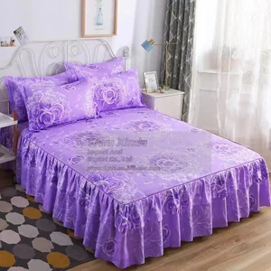 Newest Style 100% Polyester Bedding Luxury Bed Cover Modern Floral Plant Printed Thick Fitted Skirt Sheets 3Pcs Bed Skirt