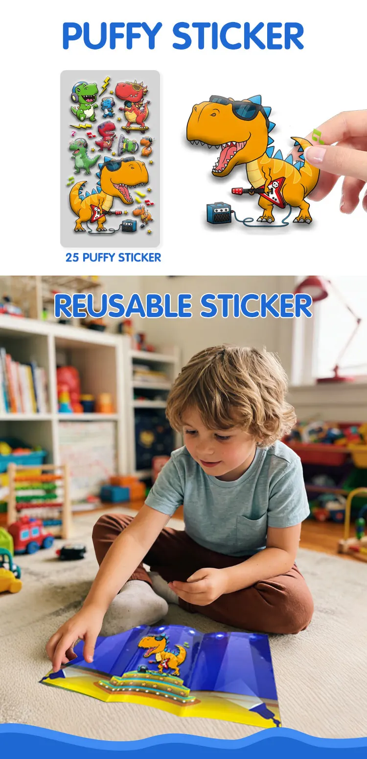 product custom new cognition tri fold dinosaur band creative scene reusable puffy stickers coloring book set for kids student-11