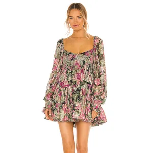 Summer Customize Women square Collar Casual Puff Long Sleeves Ruffles Sexy Mini Floral Girl's Dress