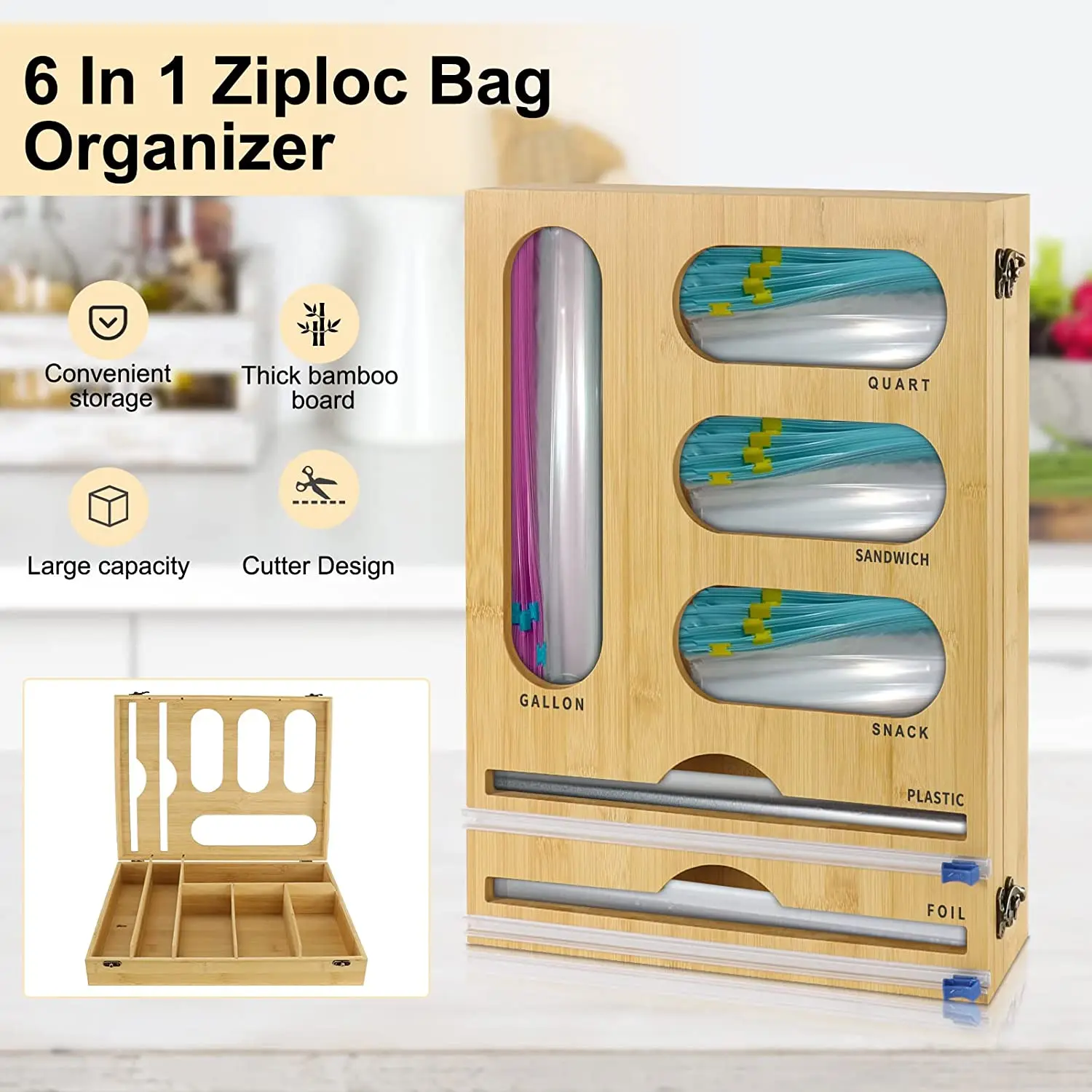 Bamboo Food Ziplock Bag Storage Organizer Dispenser Holder Drawer