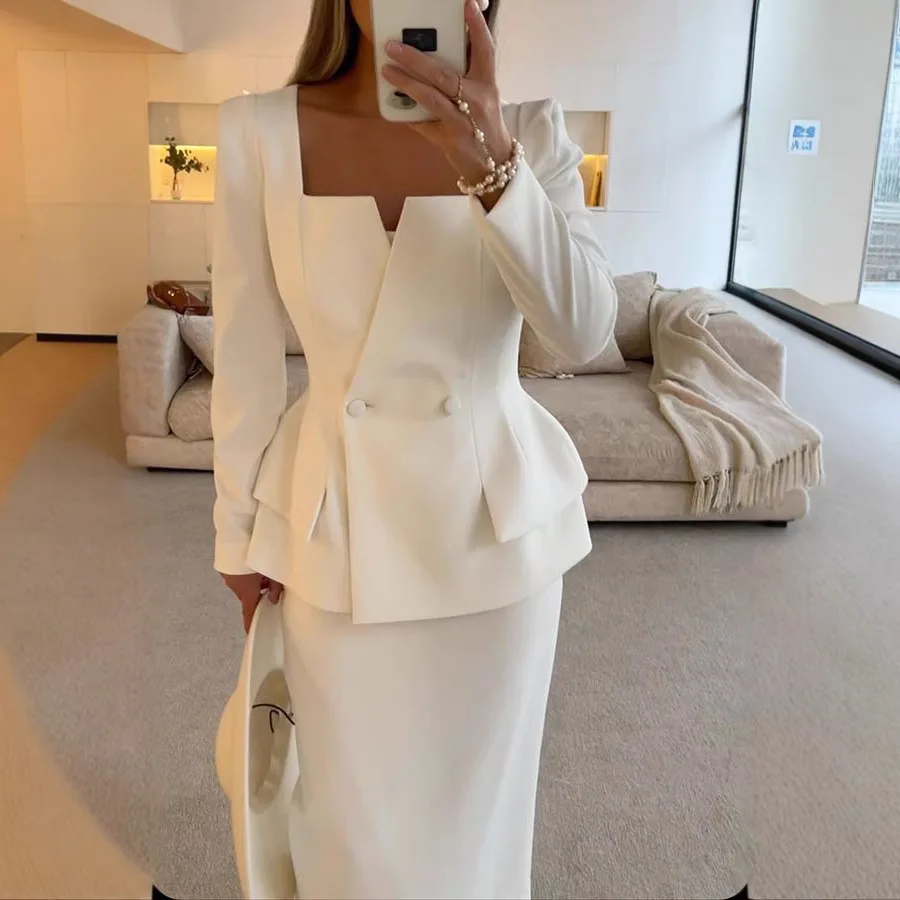 S-2XL Wholesale Elegant Women's Suit Dress Sets in Pure Colors with square Necks High-quality Luxurious Floor-length Dress Sets