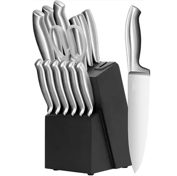 Popular High Quality Black Wooden Knife Stand 14 pcs Stainless Steel Kitchen Knife Set