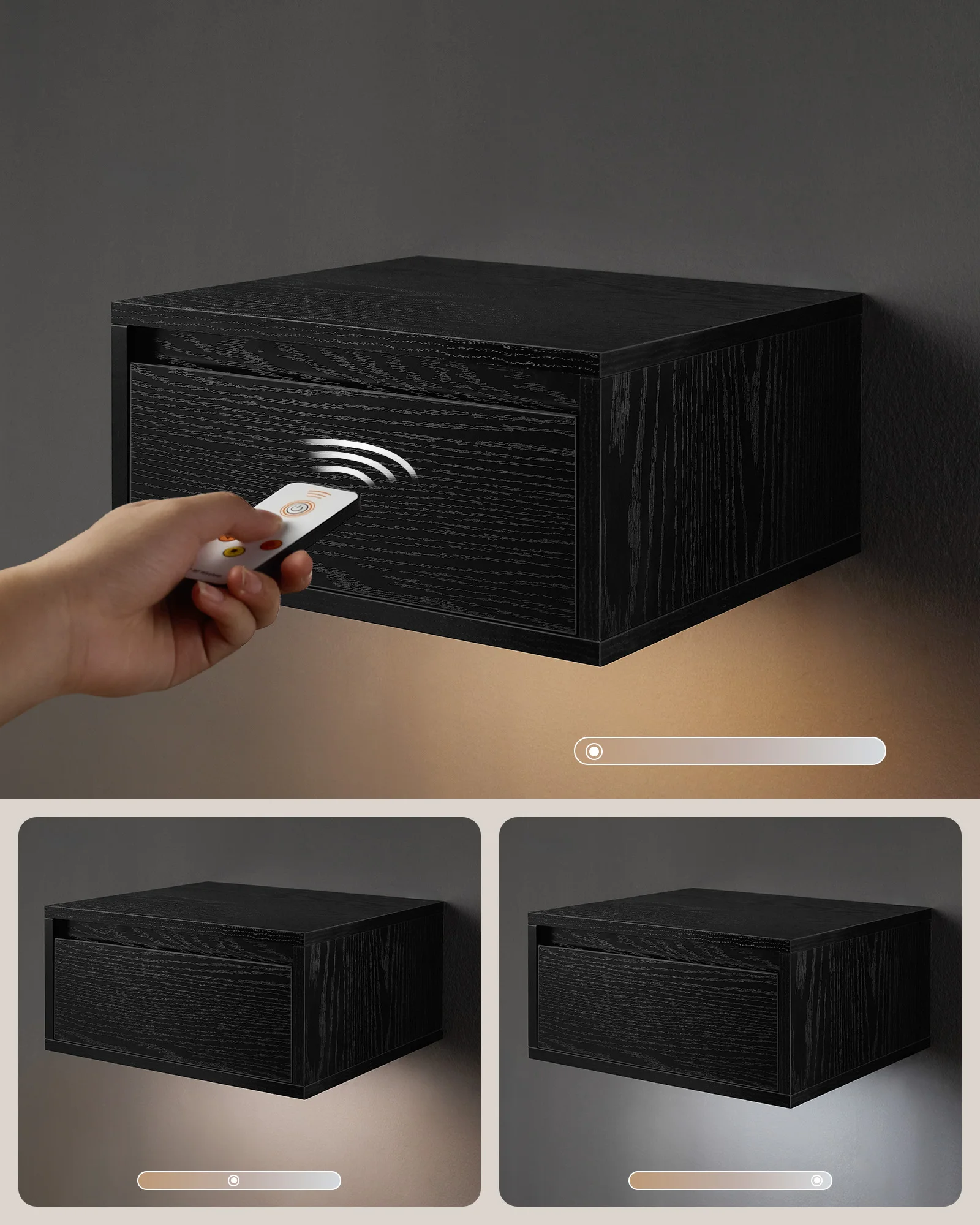 VASAGLE Multipurpose Wooden Small Floating Wall Mounted Nightstand With Drawer Modern Bedside Table with Led