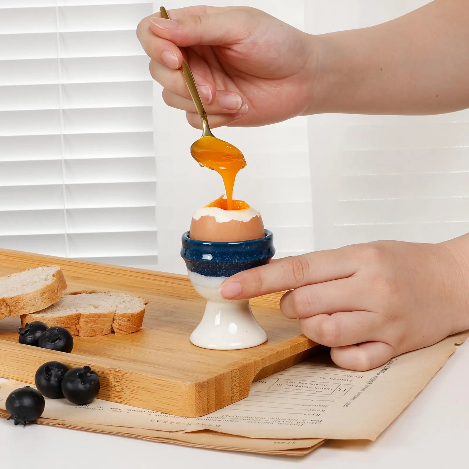 Ceramic Easter Egg Holder Tray Soft and Hard Boiled Egg Cups for Home Breakfast Kitchen Gadgets Decor in Blue and Beige Colors