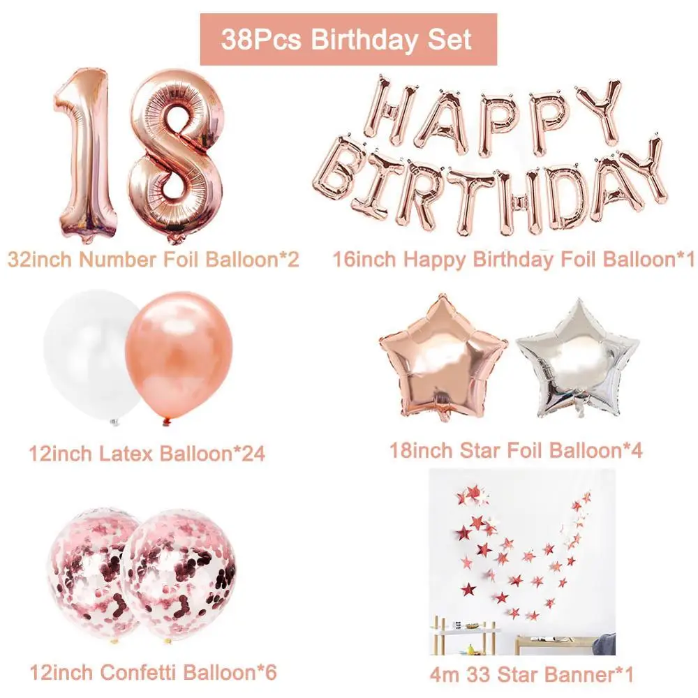 Rose Gold Happy Birthday Balloons Adult Women Party Decorations