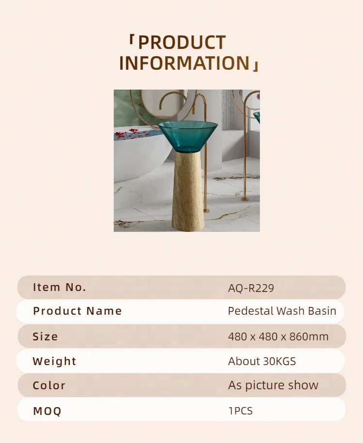 Designer Style Travertine Pedestal and Blue Transparent Resin Wash Basin Minority Art Free Standing Bathroom Sink for Hotel