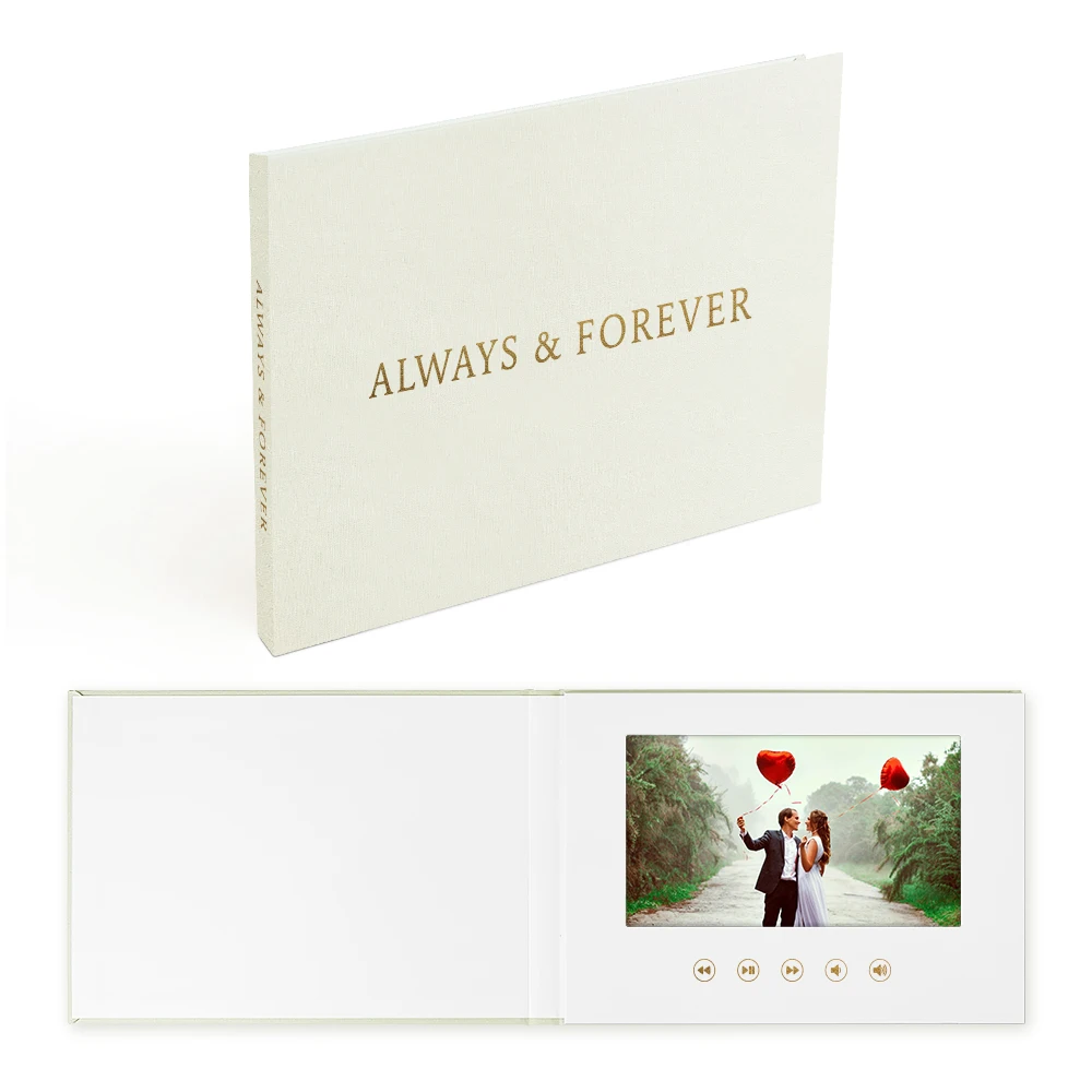 Customized Digital Book Wedding 7 Inch Lcd Video Album Always Forever Gold Foil Linen Bound Video Book