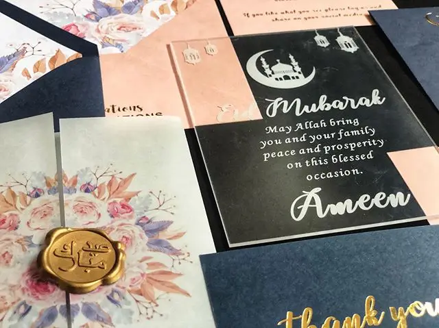 Custom Eid Mubarak Theme Hot Stamp Gold Foil Lamp Invitation Cards with Envelopes