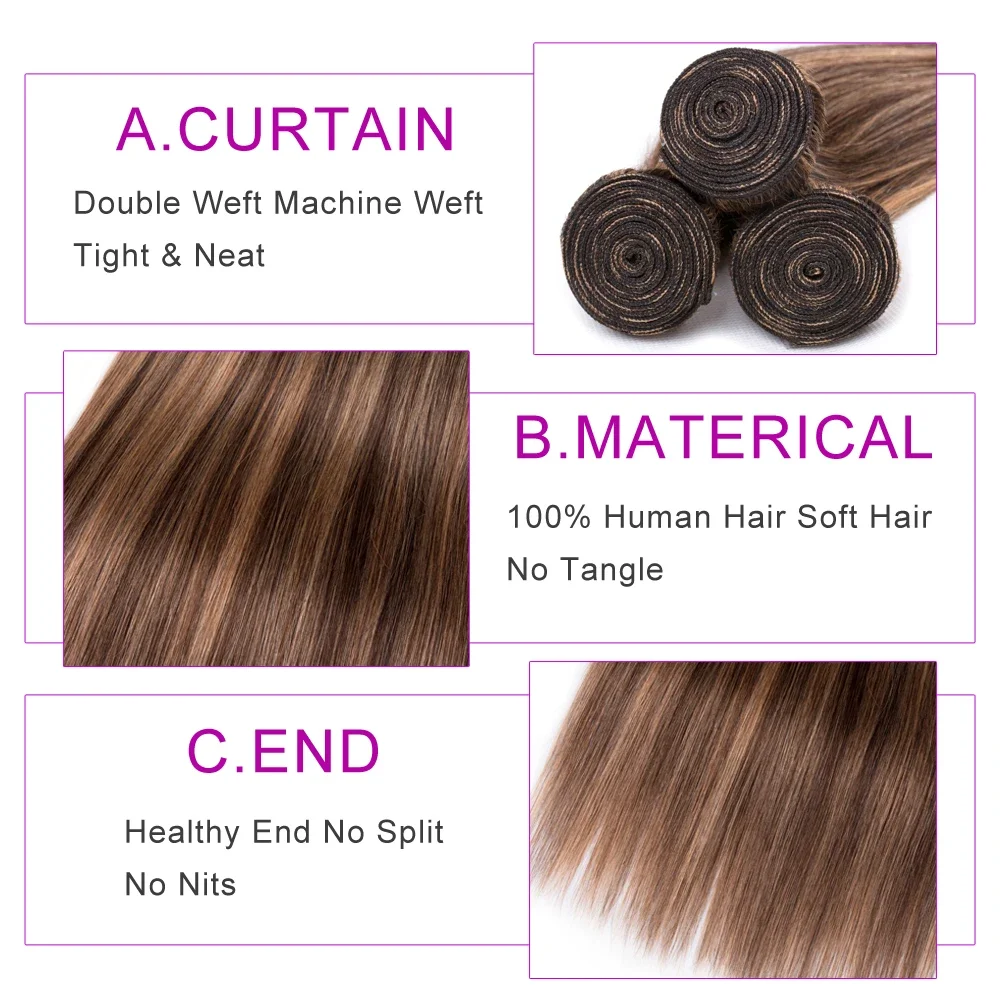 Extensiones de cabello humano liso de Malasia con degradado marrón Remy_voghion.com