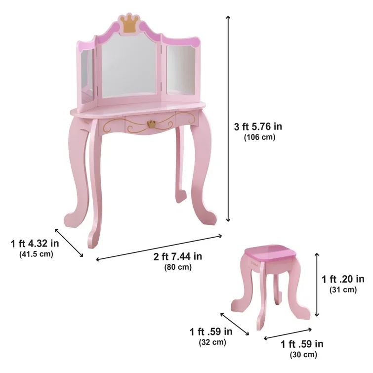 Ready to Ship Pink Kid Image Girl's Home Furniture Wooden Stool Mirror Dresser Desk Set Room Girls Bedroom Dressing Table