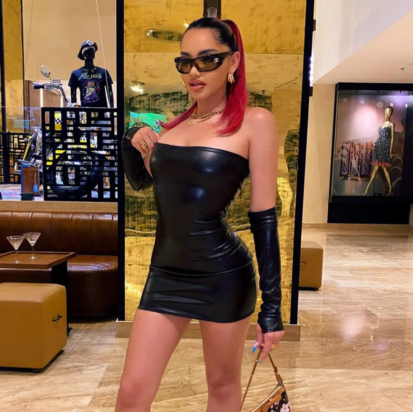 leather dress off shoulder