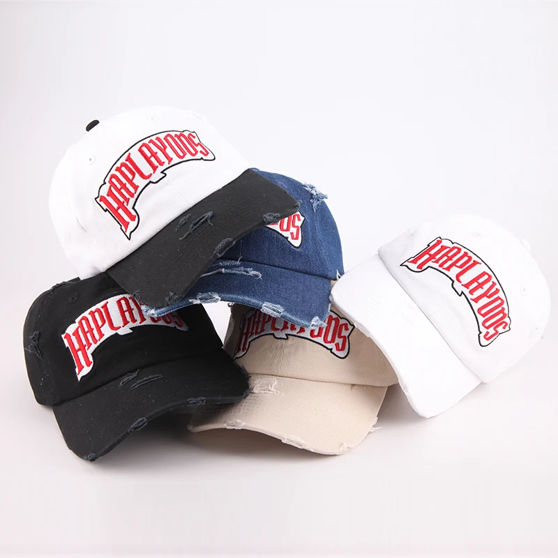 Factory Wholesale High Quality Custom Logo Broken Distressed Denim Baseball Cap 6 Panel Unstructured Denim Dad Hat
