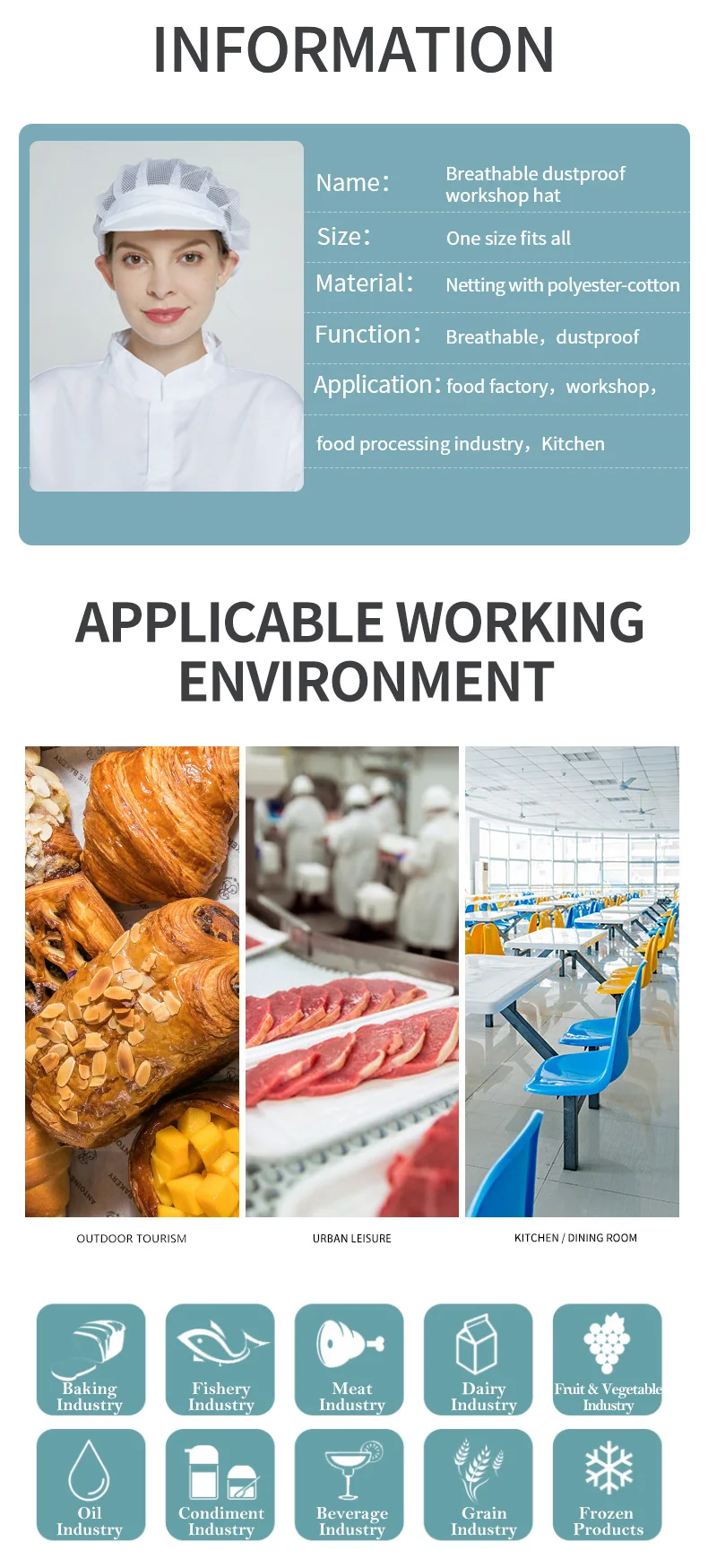 KL-3011 Breathable Food Processing Hat with Polyester-Cotton Mesh for Dustproof Protection in Blue and White One Size Fits All