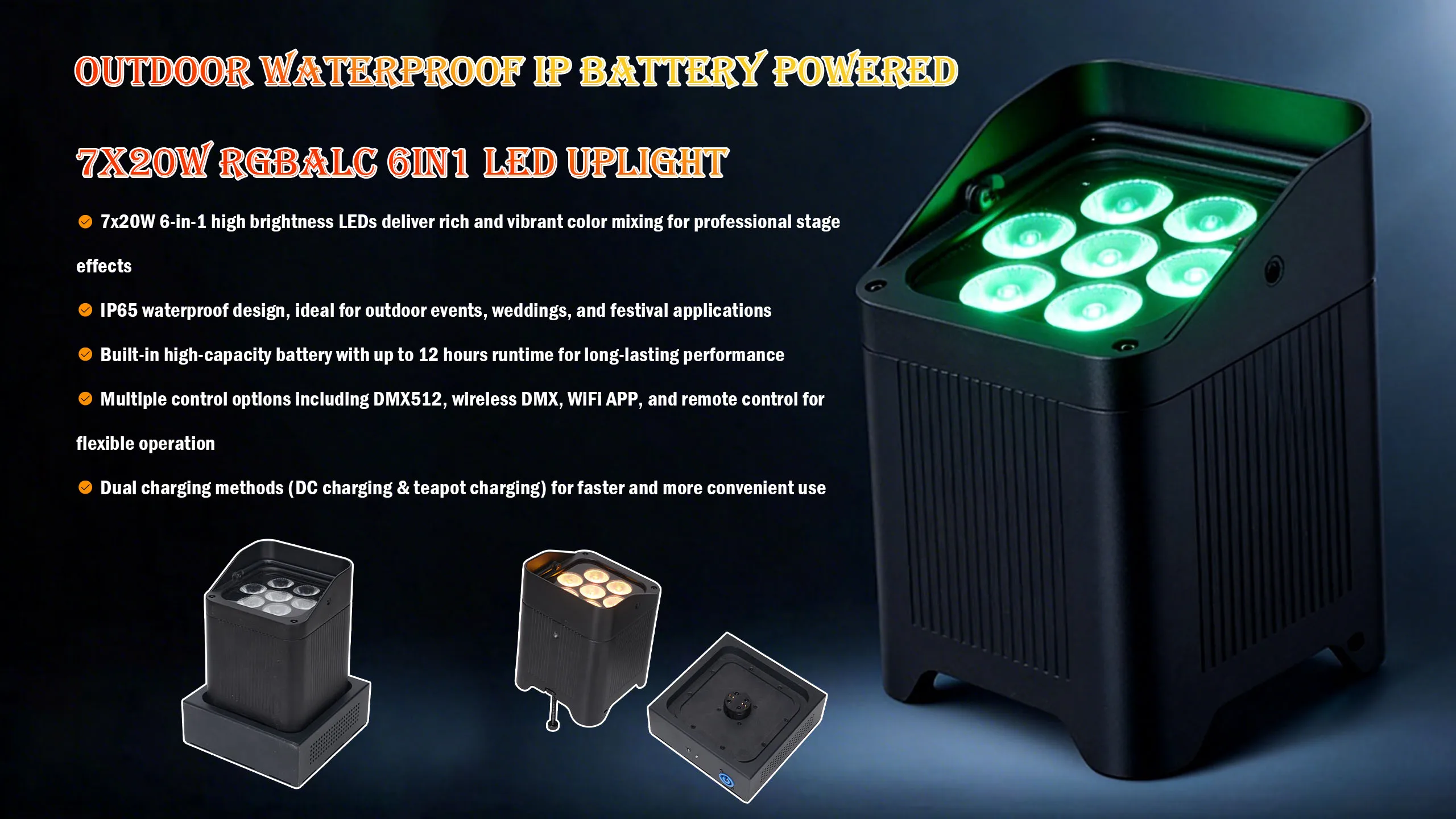 Full Color Waterproof IP65 Battery Powered 7X20w Rgbalc 6in1 Led