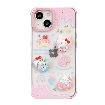 Cartoon Cute 3D KT Cat Ice Cream Donut Rope Shockproof Protective Mobile Phone Back Cover Cases For iPhone 13 14 15 Pro Max Case