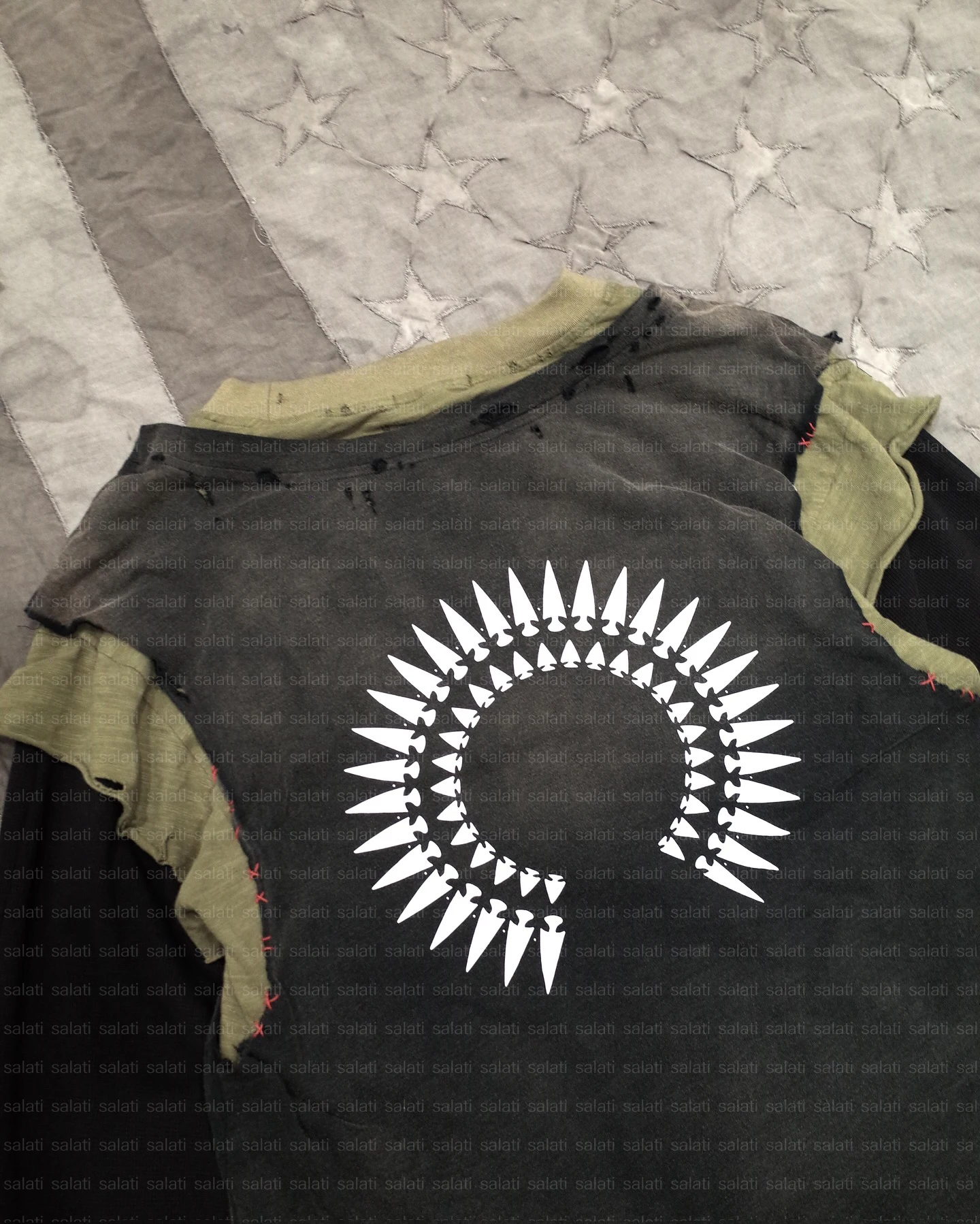 Salati Custom T-shirts Cotton Three Triple Layered Screen Printing Acid Wash Vintage Distressed Thermal Long Sleeve T Shirts Men gallery 3