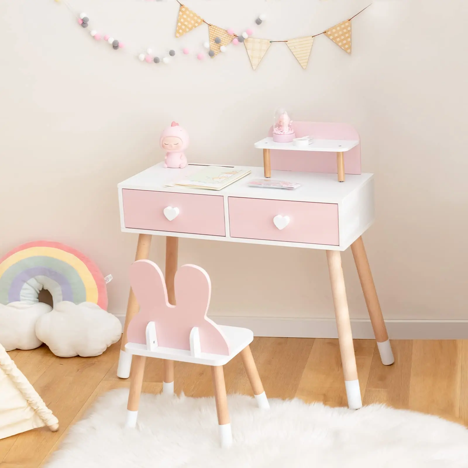 Nordic Modern Design Wood Dresser MDF Panel Vanity Set with Mirror for Kids for Home or Hotel Bedrooms