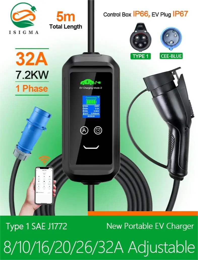 EV充電器 7KW 32A Type1 SAE J1772 Wi-Fi対応 7KW 32A 3 Phase Type 2 EV Charger - J1772 Compatible, Adjustable