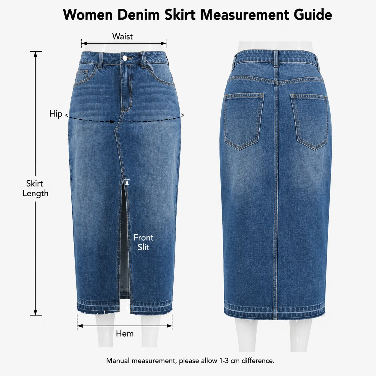 Washed Denim Midi Skirt with Front Slit High Waist Frayed Hem Casual Bodycon Skirt for Women