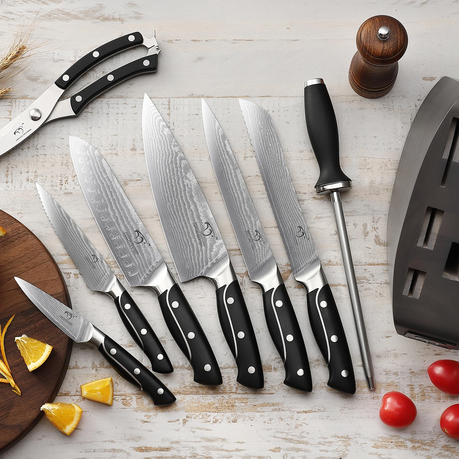 Damascus Kitchen Knife Set, 9 pieces Chef knife Set with Comfortable Ergonomic ABS Handle