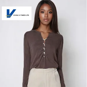 Women's 2026 Autumn/Winter Casual T-Shirt New Design Simple V-Neck Tie Long Sleeve Knitted Anti-Pilling