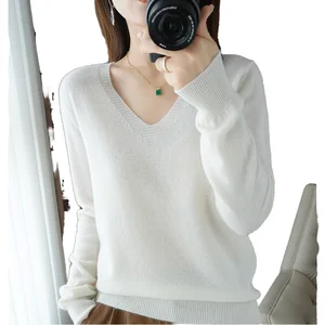 Women's New Autumn Winter V Neck Sweater Casual Style Simple White Pullover with Print Seamless Long Sleeves Knit Wear