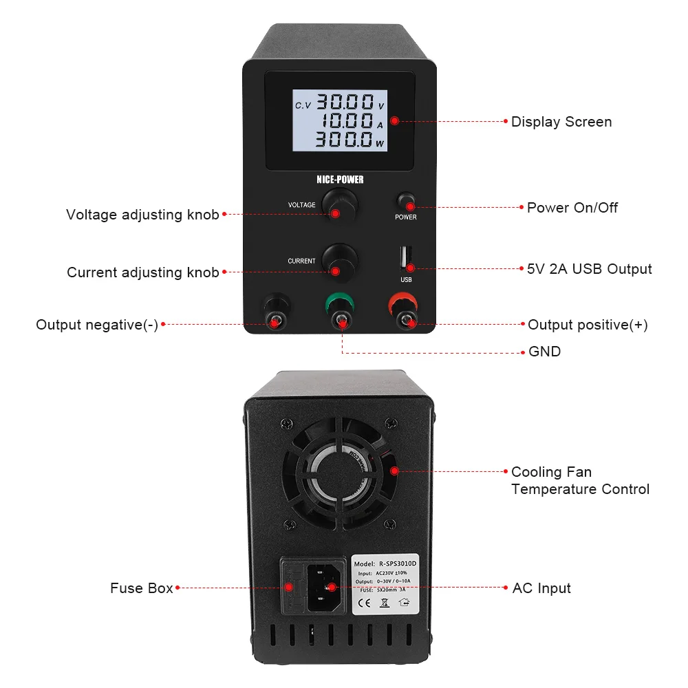 SPS 3010 LCD Four Digital Display USB Adjustable Switching 30V 10A Laboratory Variable DC Power Supply