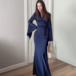 Satin Two Piece Set  Long Sleeve Bandage Shirts and Sexy Bodycon Long Skirts   Celebrity Evening  Prom Club Party Maxi Dress Set