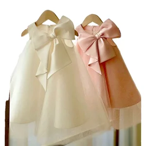 Sleeveless Halter Bow Tie Mesh Zip up Solid Color Children Teenager Girl Birthday Princess Dress Clothes for Kids