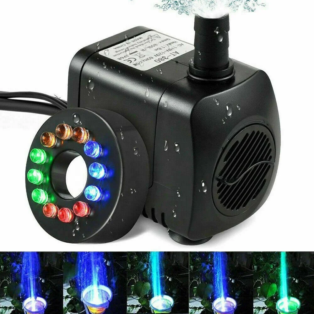 Electric Submersible Water Fountain Pump With 12 LED Light Pond Garden Fish Pool 