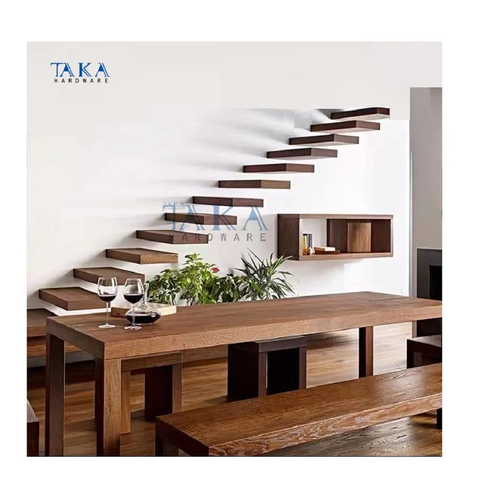 TAKA Foshan Factory Straight Staircase Solid Wood Dark Oak Steel Floating Stairs