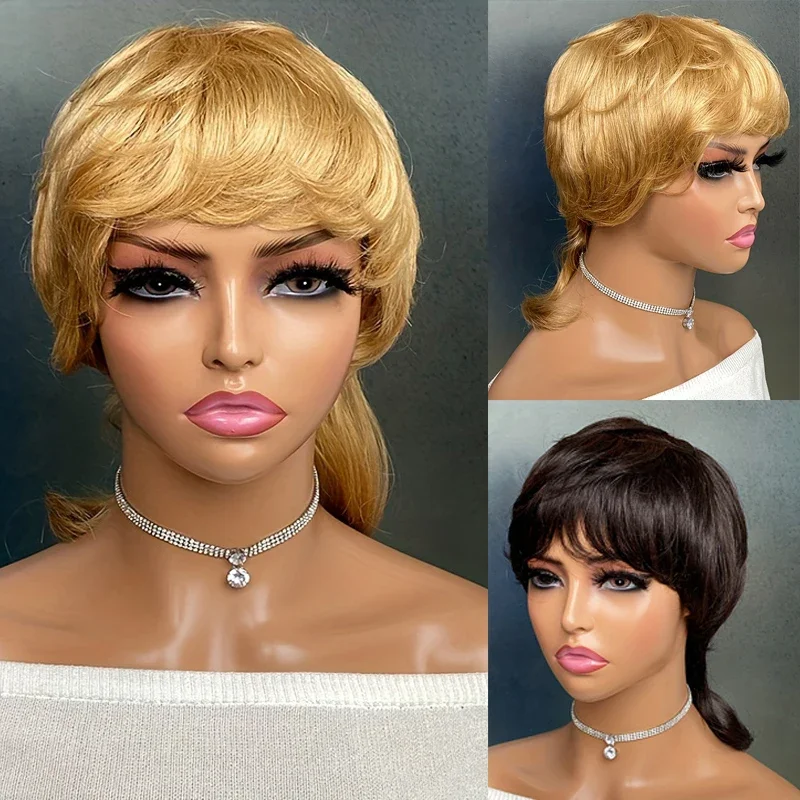Κοντή περούκα Pixie Cut Mullet με αφέλειες, ίσια, μηχανοποίητη, ανθρώπινη τρίχα για γυναίκες_voghion.com