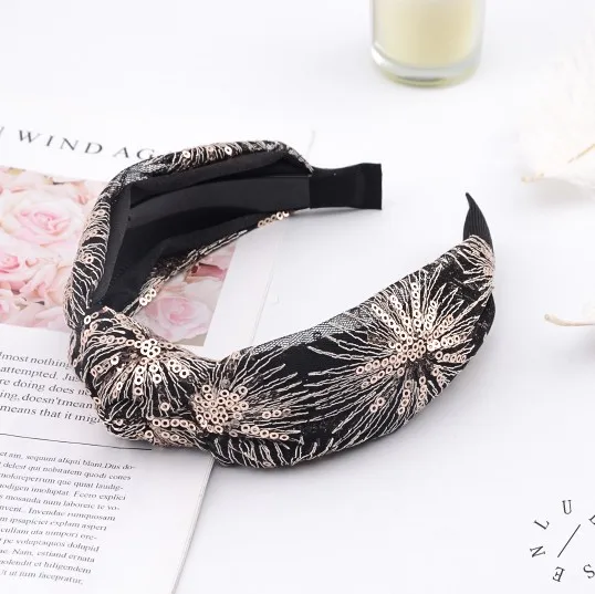 Gold Sequin Lace Knotted Headband Wholesale Wide Edge Fabric Non Slip Gorgeous Headband Hairband For Women Buy Lace Knotted Headband Non Slip Headband Fabric Headband Product On Alibaba Com