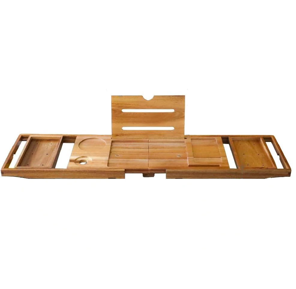 Elegant Acacia Wood Bathtub Caddy Extending Sides Double Cup Tablet Holder Wholesale Foldable Bath Tray for Home Bathroom Use