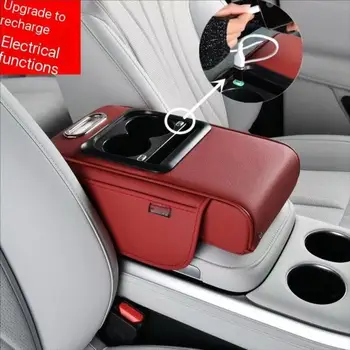 New 4 in 1 Car Armrest Box with Charging Leather Waterproof Red Central Armrest Pad Cushion with Cup Holder Tissue Box