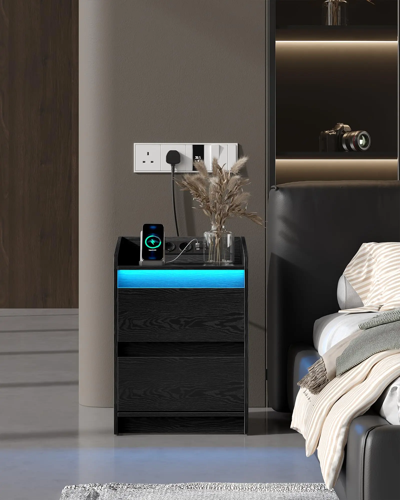 Modern Adjustable Height Bedside Table Ergonomic Wooden Furniture with Hidden Compartment Bedroom Living Room Hotel Apartment