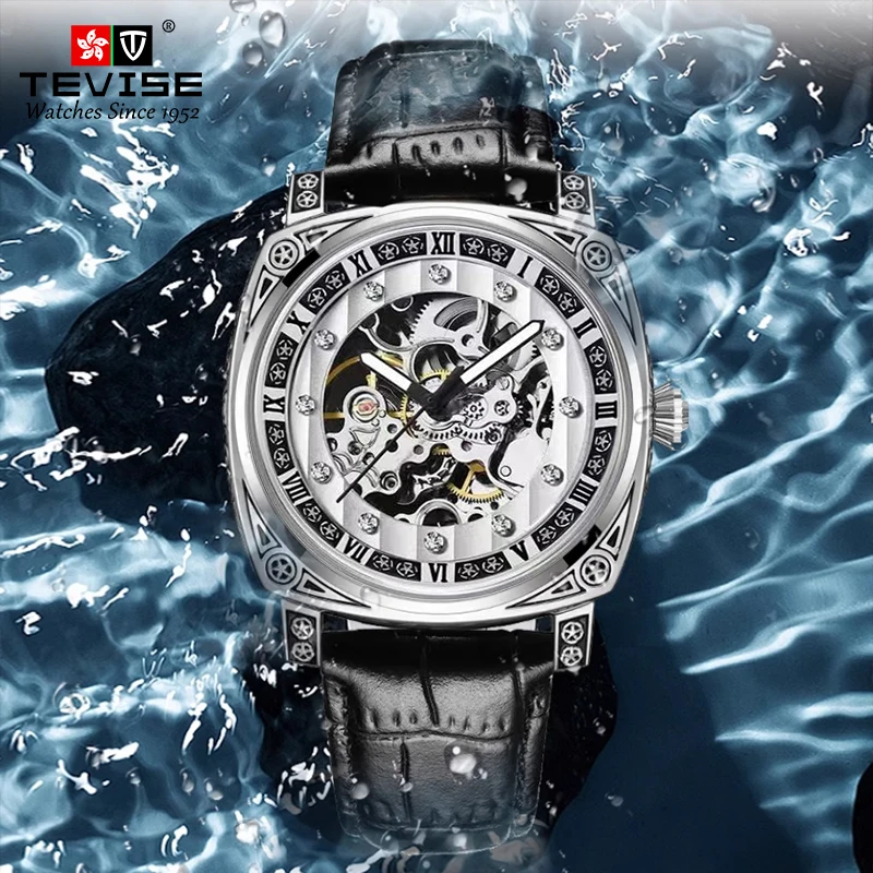 TEVISE Fully Automatic Mechanical Watch Hollow Out Leather Strap Large Dial Luxury Leather Watch for Men Watch