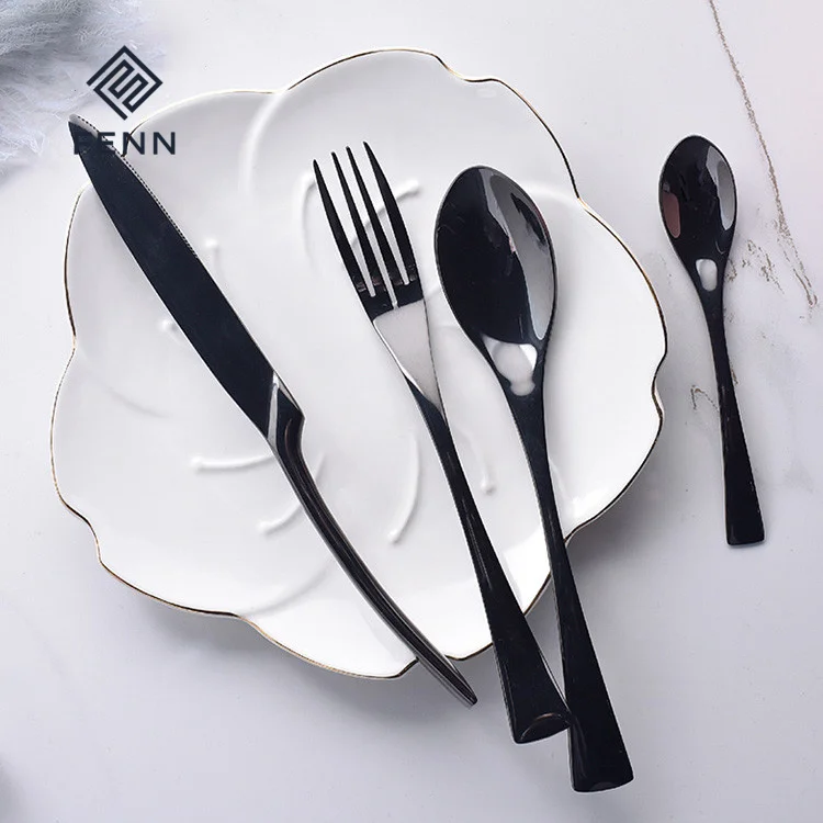 product fenn wholesale luxury 4pcs stainless steel flatware knife spoon and fork set mirror silver black color hotel wedding cutlery set-60